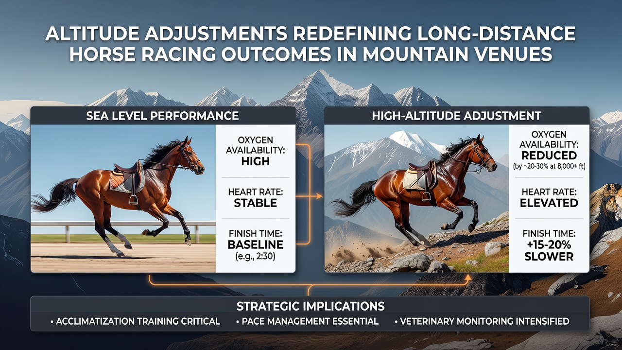 Aerial view of a mountain horse racing track showing elevation changes and surrounding peaks