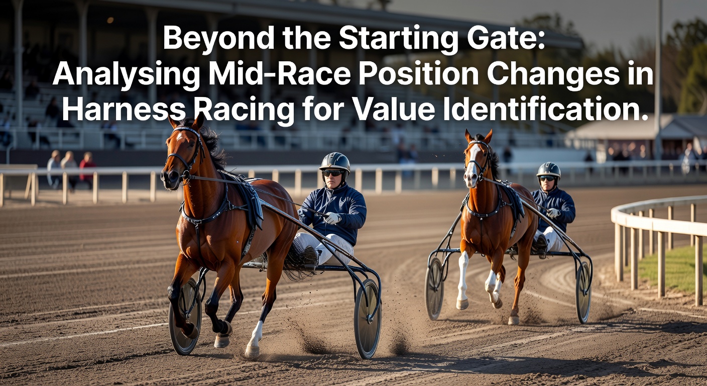 Harness racing horses navigating a mid-race turn with visible position shifts among competitors