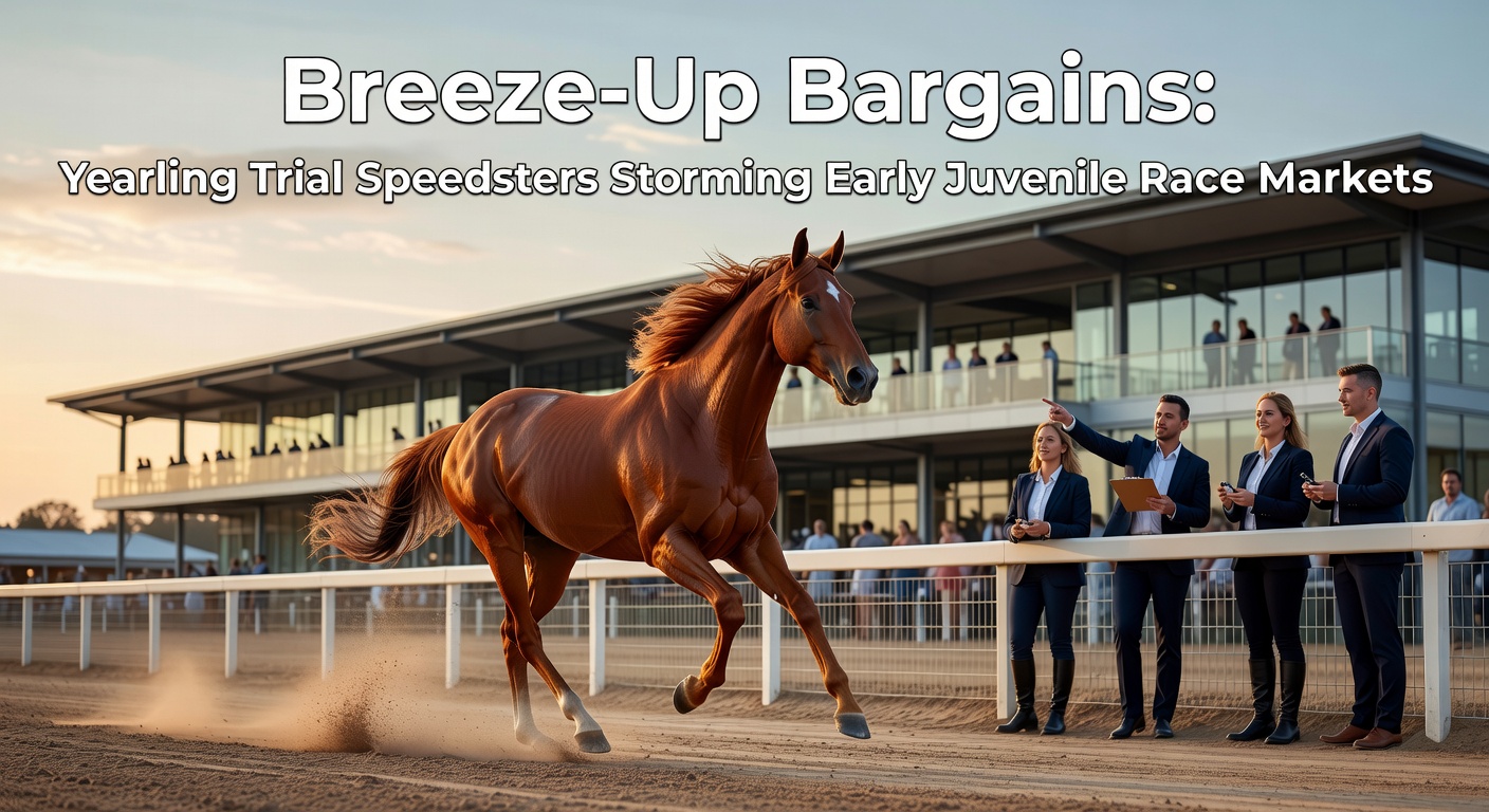 A sleek yearling powering through a breeze-up trial at high speed, dust kicking up behind as observers watch intently from the rail