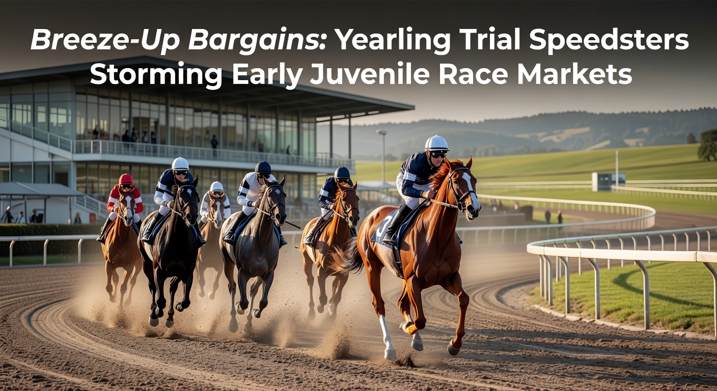 Close-up of a yearling crossing the finish line in a breeze-up trial, muscles rippling, with sales paddock crowds in the background