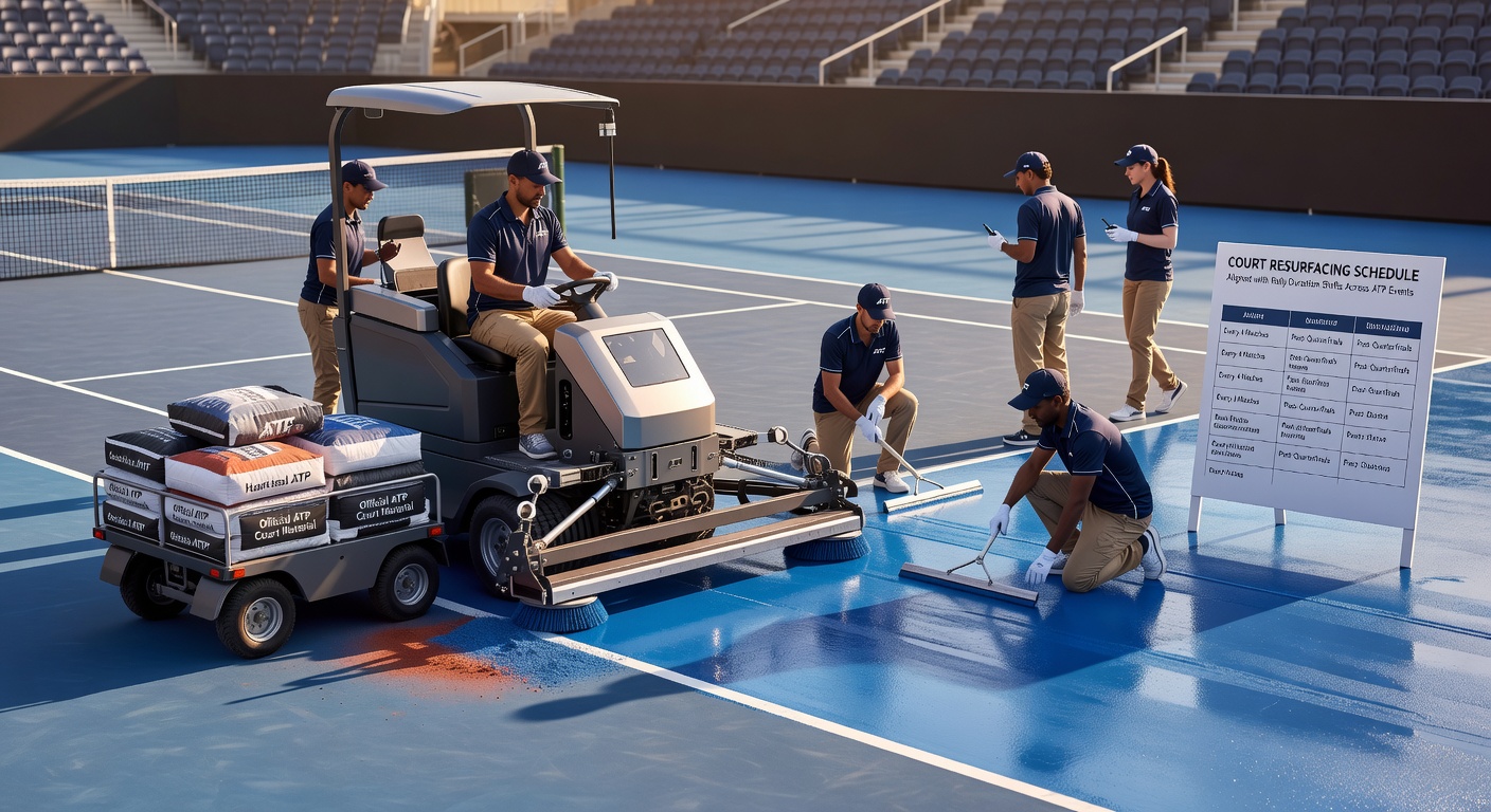 Grounds crew applying fresh clay layers to an ATP tournament court during scheduled maintenance