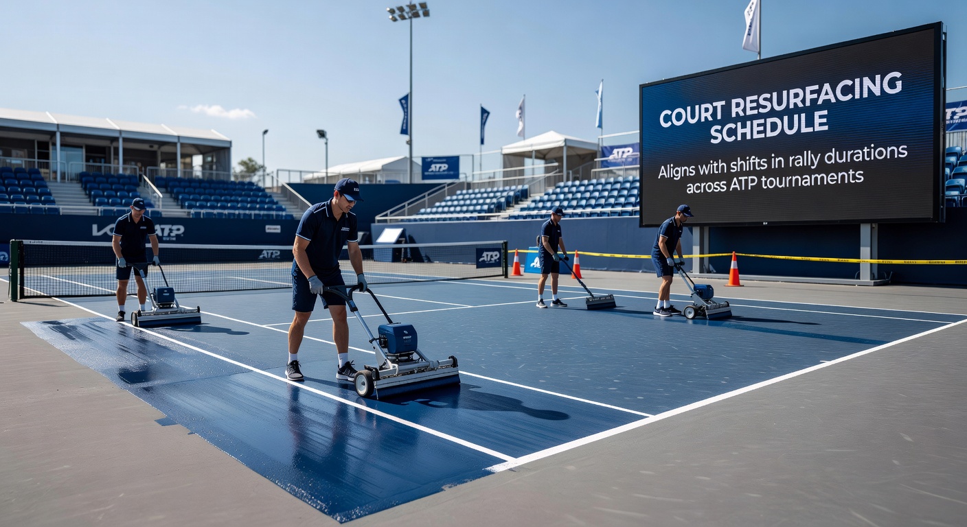 ATP tournament hardcourt surface receiving fresh acrylic coating during overnight maintenance