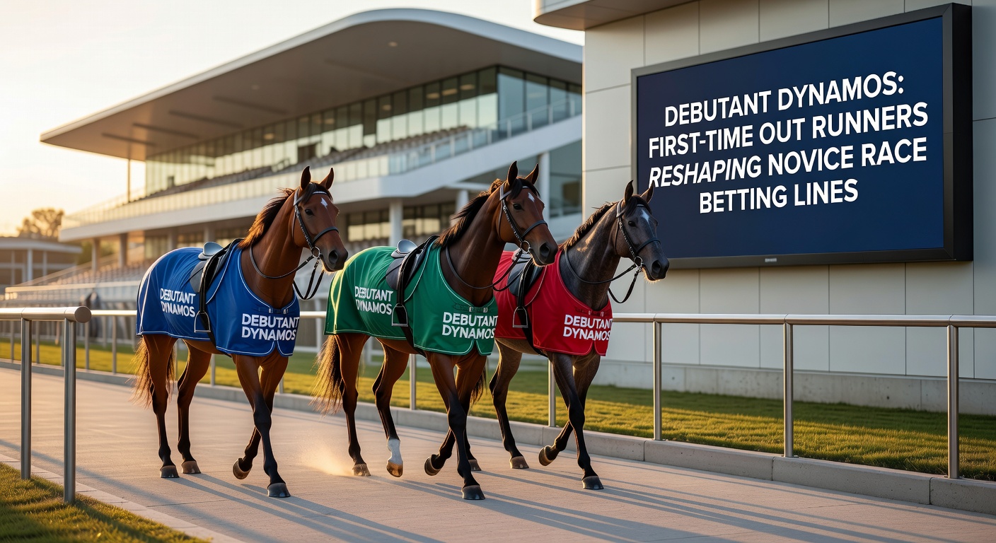 A young debutant horse charging down the straight in a novice race, with bookmakers adjusting odds in the background