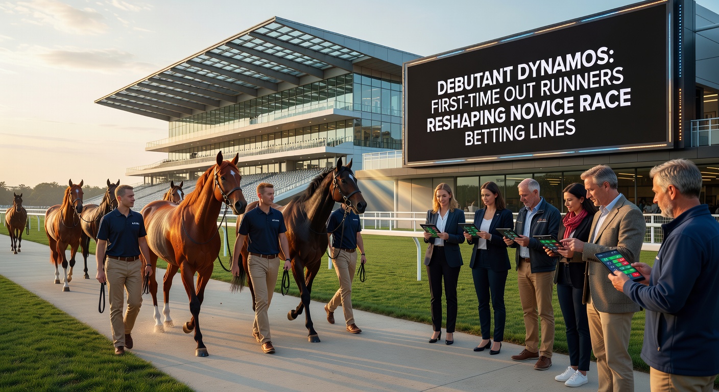 Bookmakers' screens flashing shifting odds for a field of debutant horses in a packed novice race enclosure