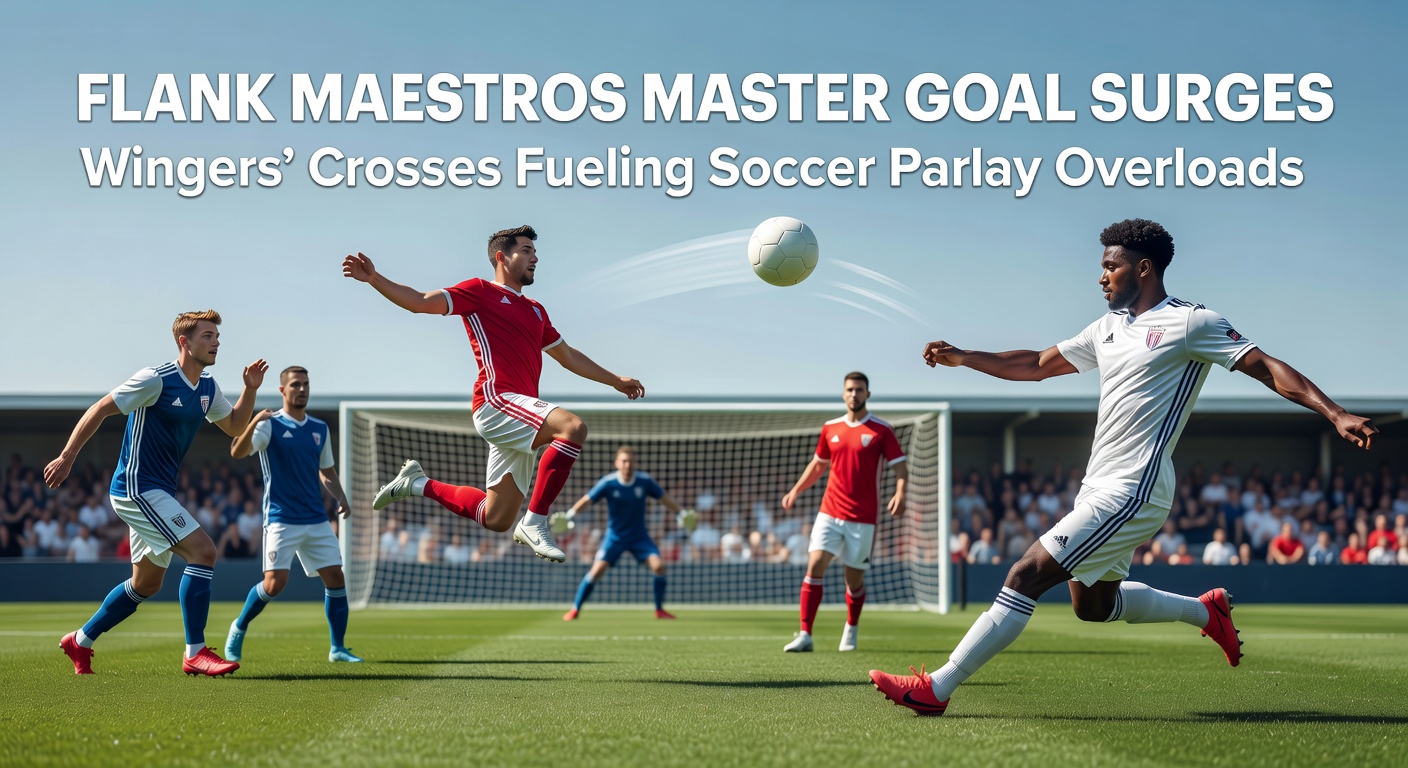 A winger delivering a precise cross into the penalty area during a high-stakes soccer match, with defenders scrambling and attackers poised to strike