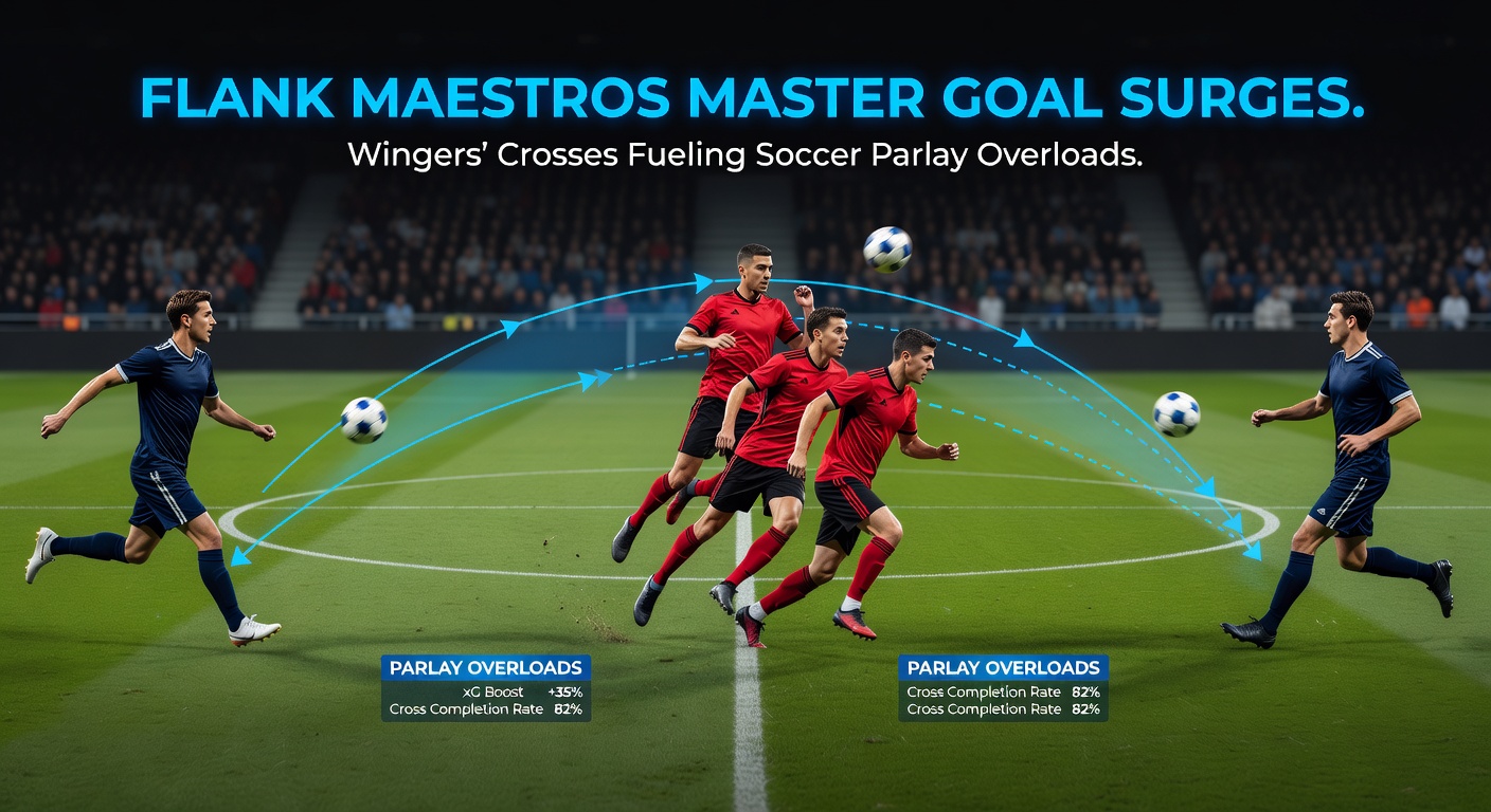 Dynamic action shot of a soccer winger outpacing a fullback, mid-cross into a crowded six-yard box teeming with potential scorers