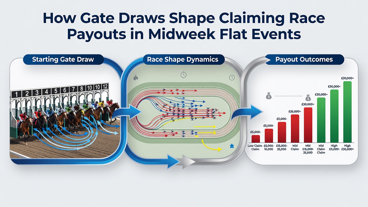 Horse race starting gates showing post positions on a flat track during a midweek claiming event