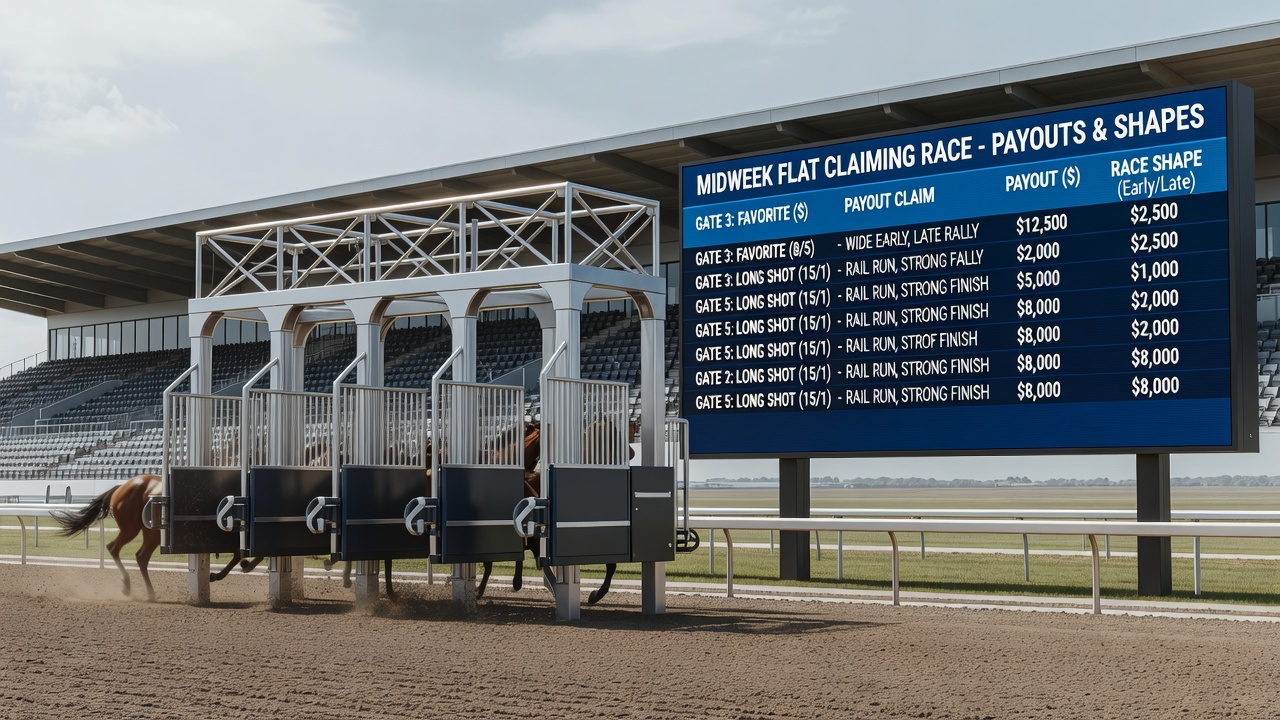 Jockeys guiding horses out of the starting gate in a flat claiming race with visible post position numbers