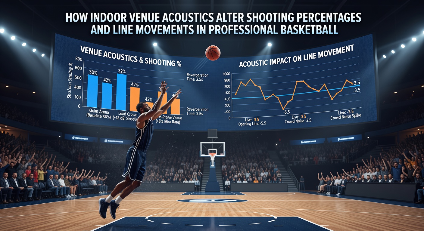 Betting line movement chart overlaid on basketball arena diagram illustrating acoustic impact zones