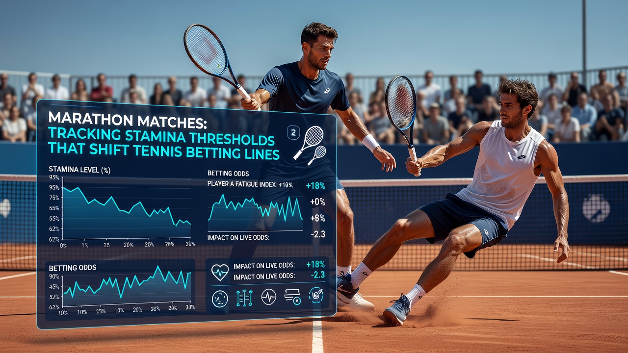 Tennis players competing in an extended match with visible fatigue indicators during a five-set battle