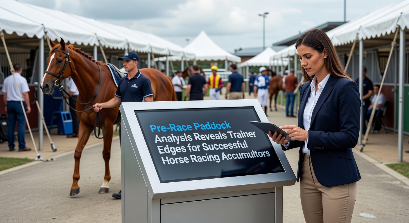 Horses parading in the pre-race paddock under sunny skies, trainers adjusting gear while observers note physical conditions