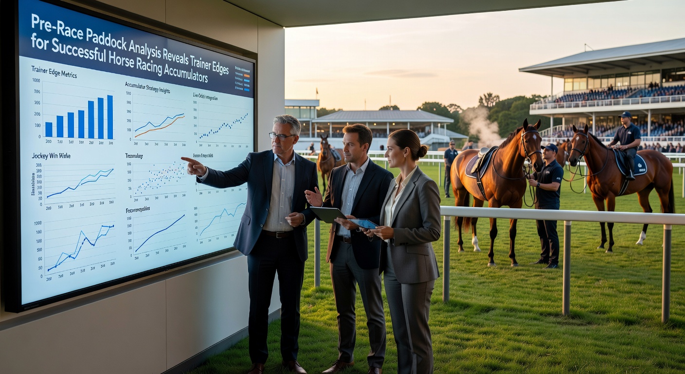 Close-up of a trainer inspecting a horse's legs in the bustling paddock, with jockeys nearby and crowds watching intently