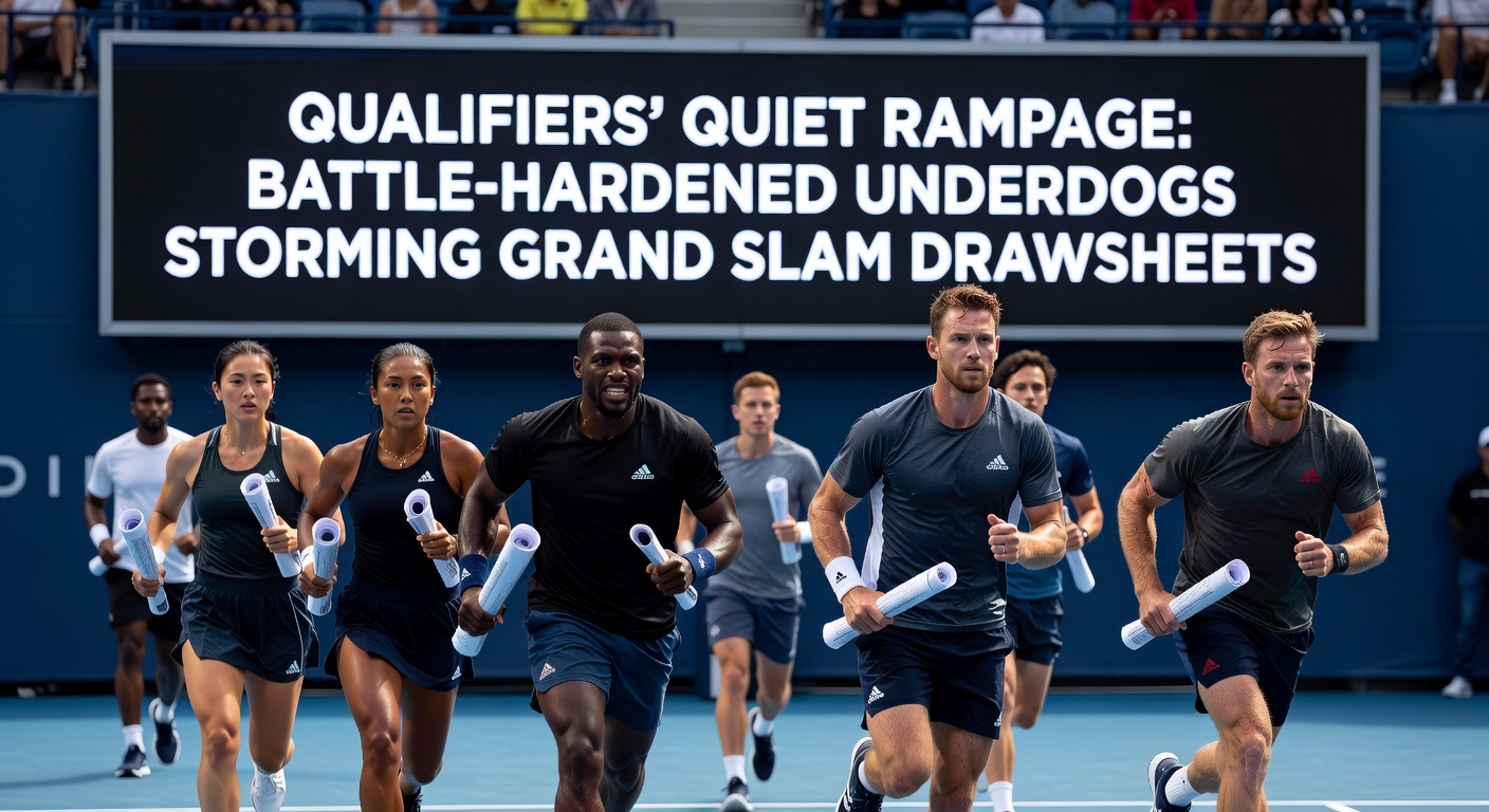 Triumphant qualifier raising racket in celebration after advancing deep into a Grand Slam main draw, crowd blurred in background