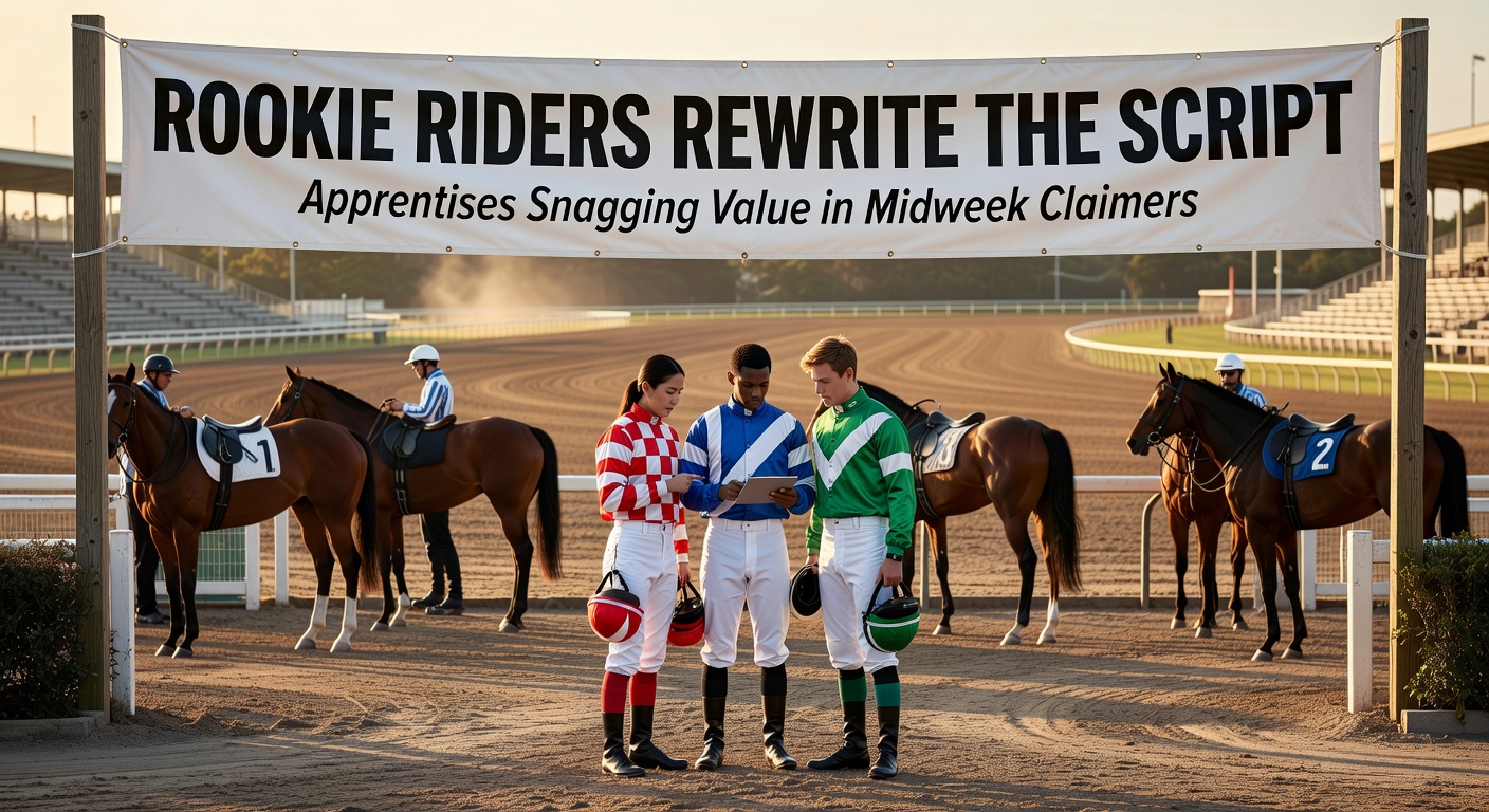 Young apprentice jockey guiding a horse to victory in a tight midweek claiming race finish, crowd cheering in the background
