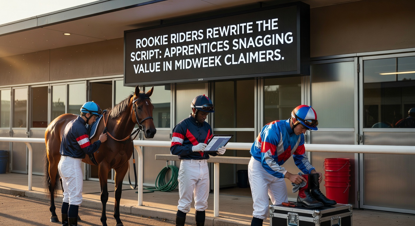 Bar chart illustrating apprentice jockey win percentages versus veterans in midweek claiming races from 2024-2026, with green bars spiking notably