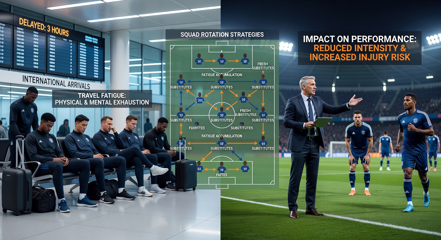 Coaching staff reviewing player workload data on tablets inside a dressing room after a condensed fixture period