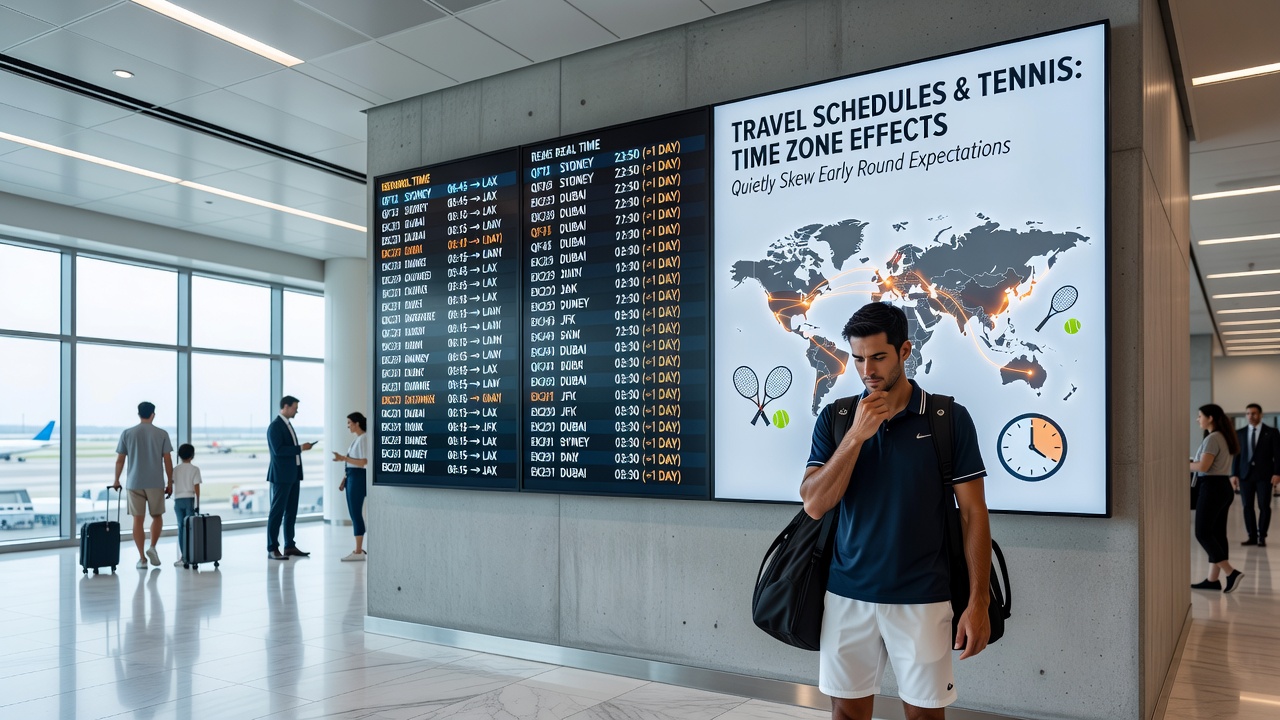Airport scene with tennis players and equipment during international travel