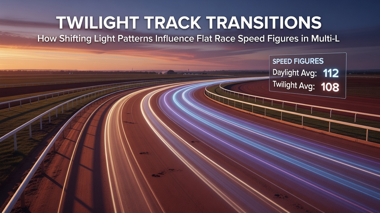 Close-up view of flat race finish line during twilight with visible light transition effects