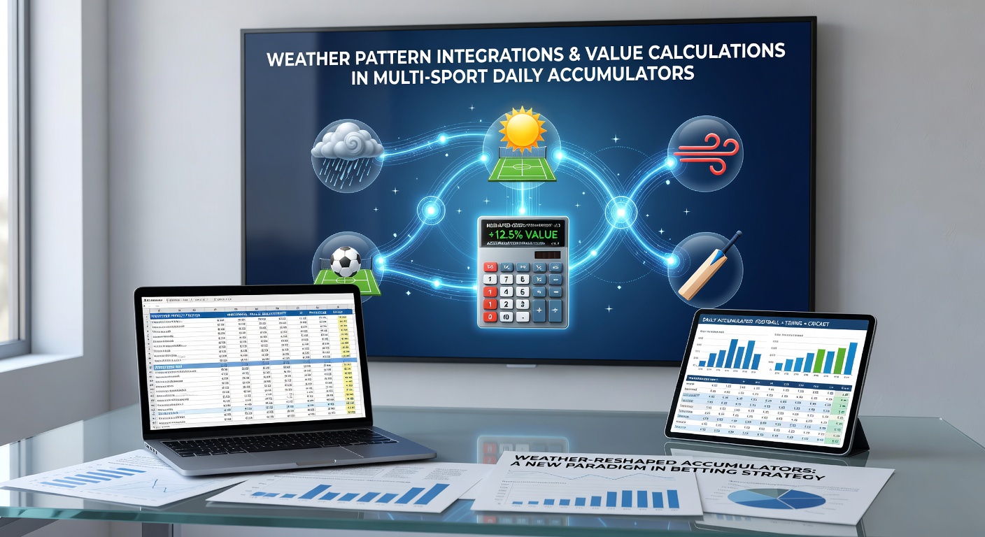 Weather data overlays on multi-sport betting interfaces showing accumulator adjustments
