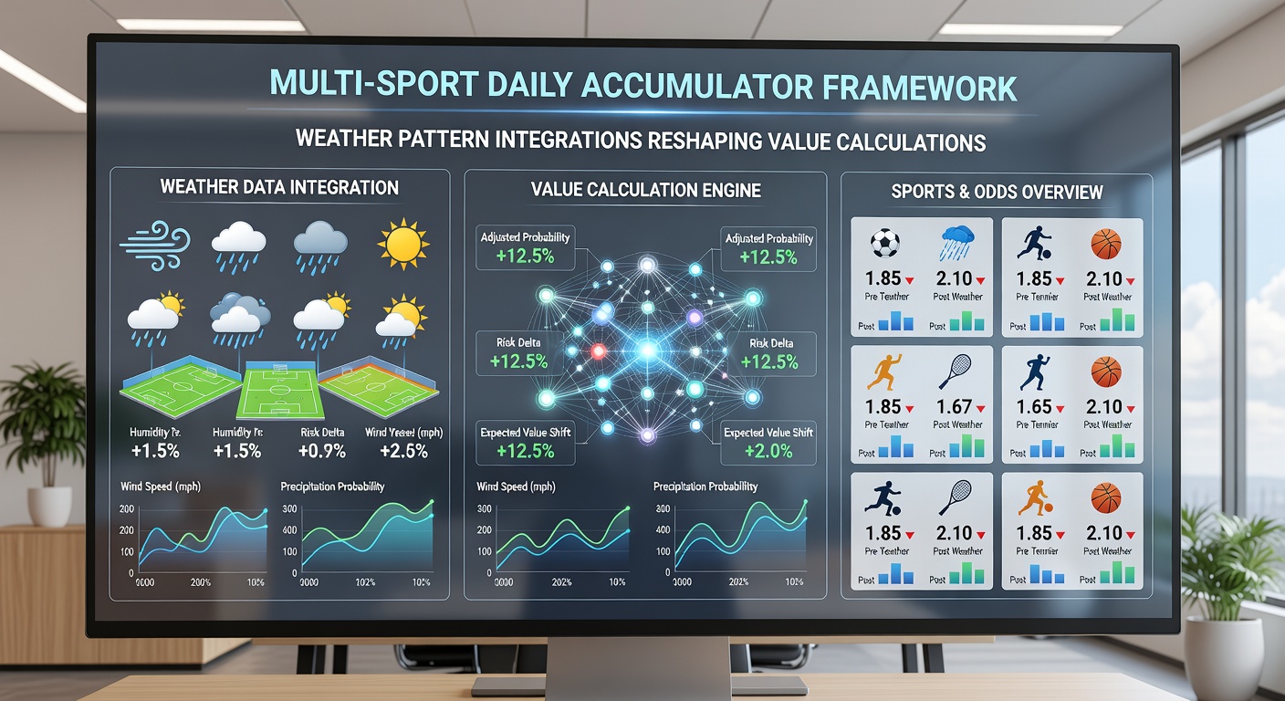 Multi-sport accumulator dashboard displaying live weather adjustments across events