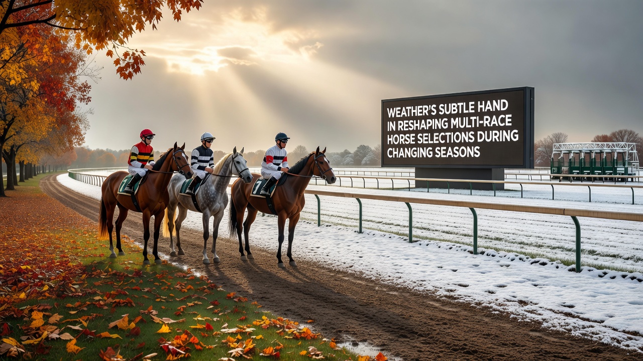 Horse racing track under changing seasonal weather conditions with visible ground moisture and sunlight patterns